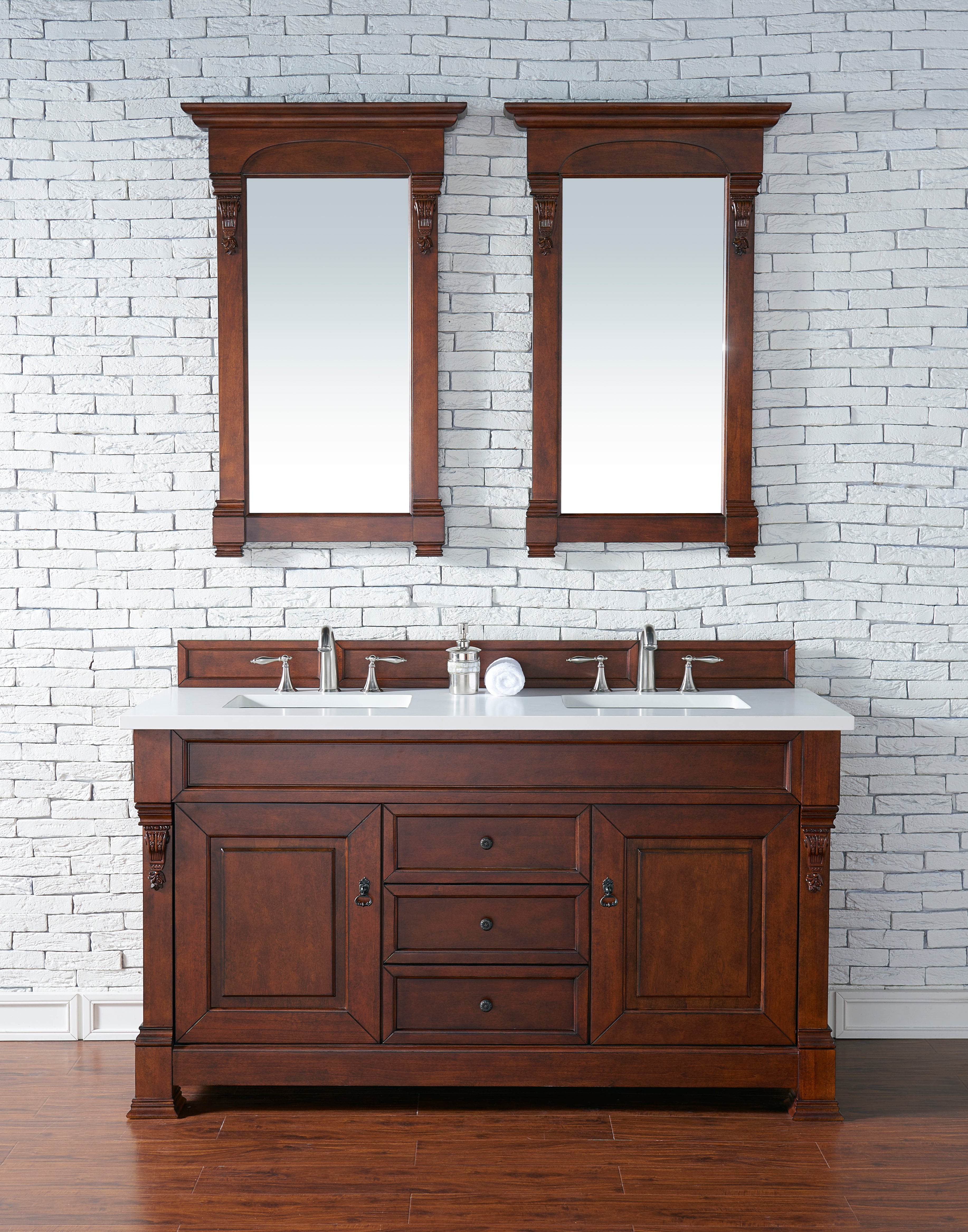 Brookfield 60-Inch Double Vanity with Warm Cherry Finish & 3CM White Zeus Quartz Countertop - Perfect for Master Bathroom & Luxury Home Renovation