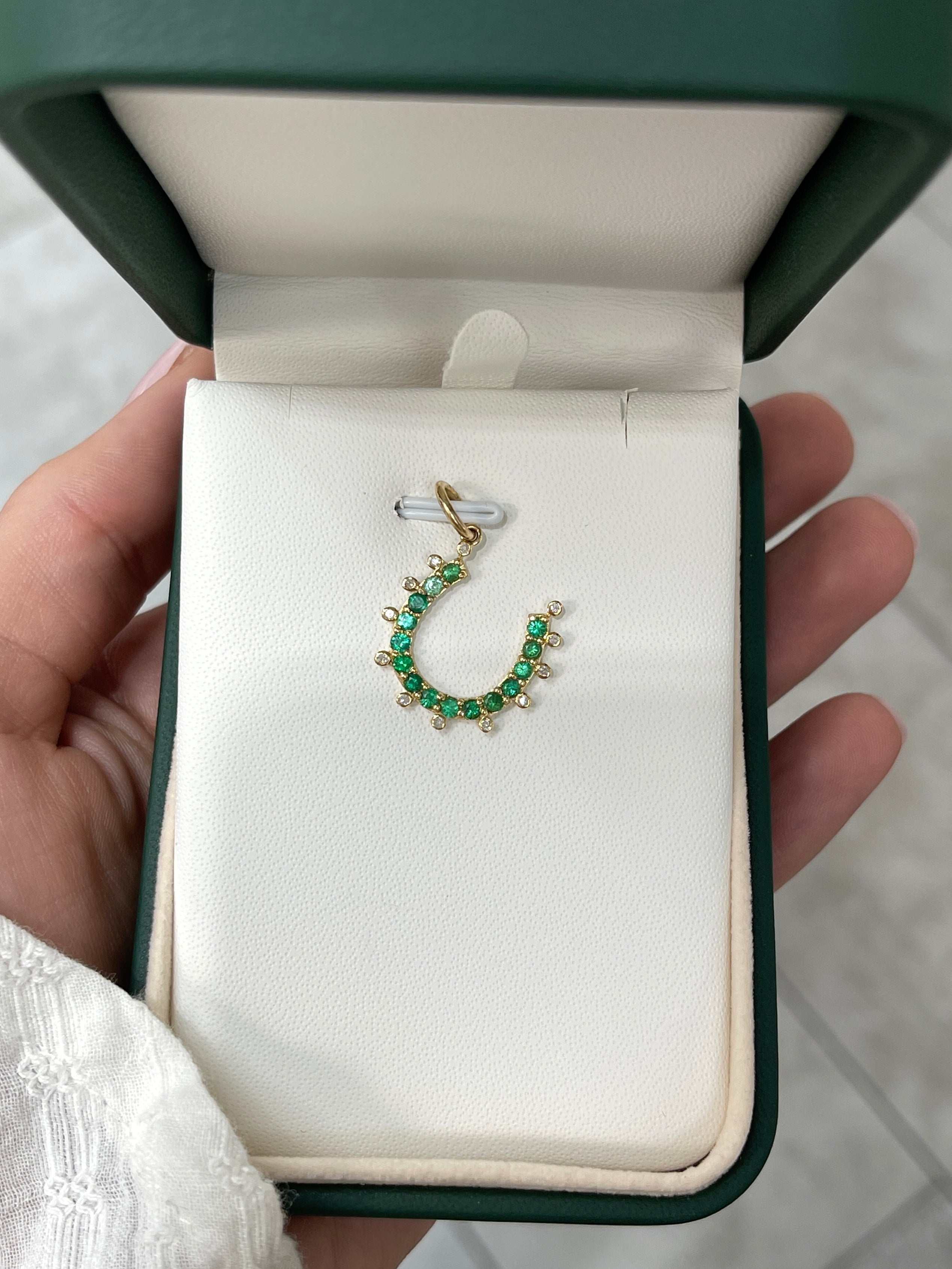0.98tcw 14K Gold Emerald & Diamond Horseshoe Pendant Necklace for Women - Elegant Lucky Charm Jewelry Gift for Birthday, Anniversary & Special Occasions