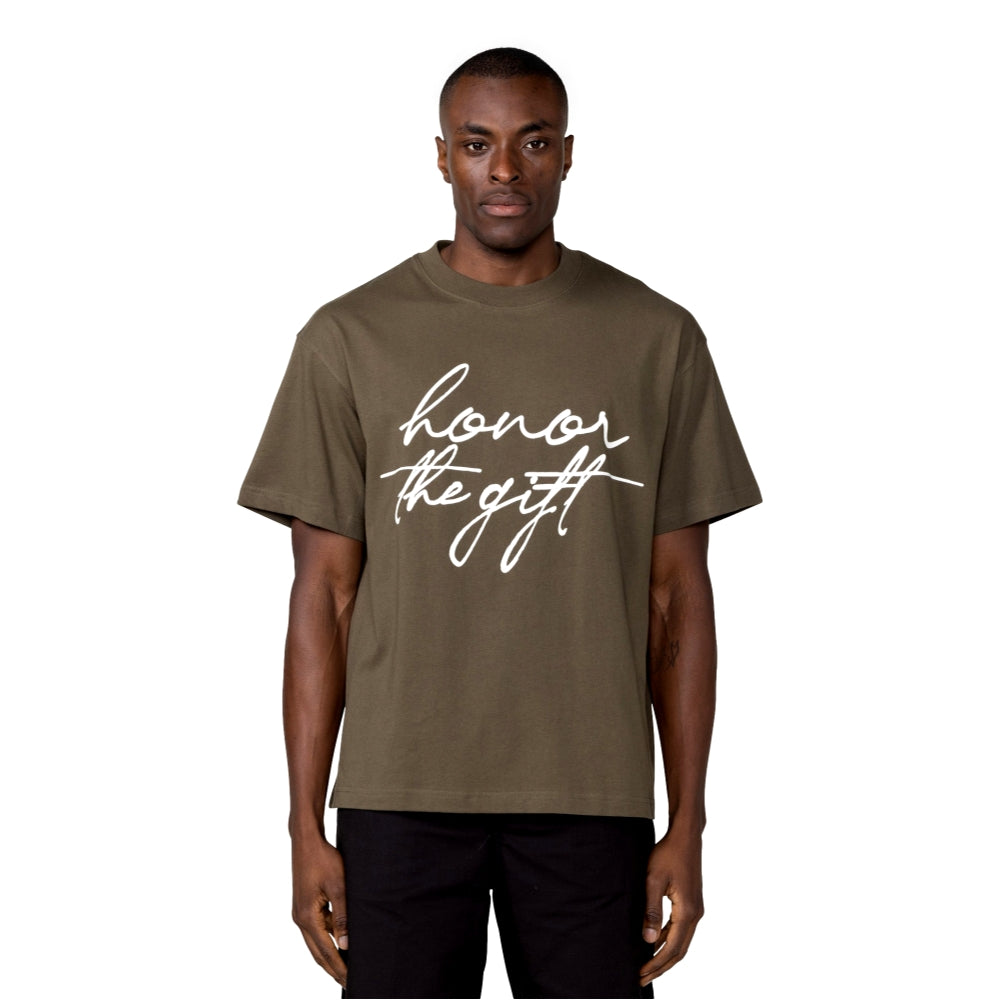 HONOR THE GIFT HTG Script Short Sleeve T-Shirt - Olive Green Casual Streetwear Top for Men | Perfect for Everyday Wear, Gym & Outings