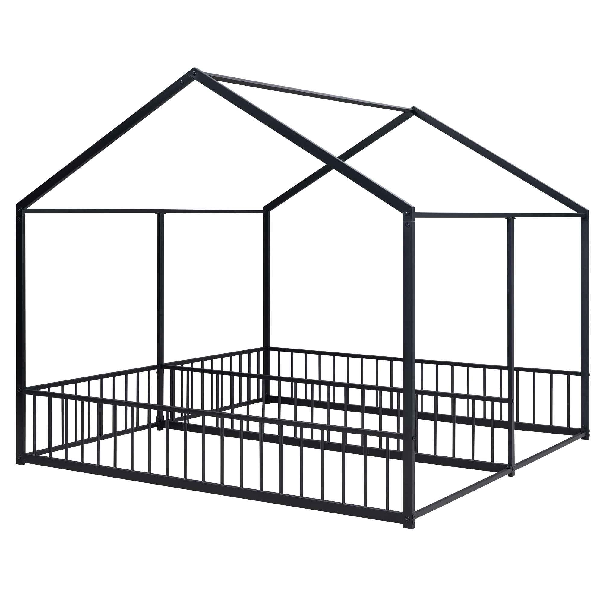 Metal Twin Size Double Platform Bed with Roof and Fence - House Shaped Shared Bed Frame for Kids, Teens, Boys & Girls - Sturdy Bedroom Furniture (80.3