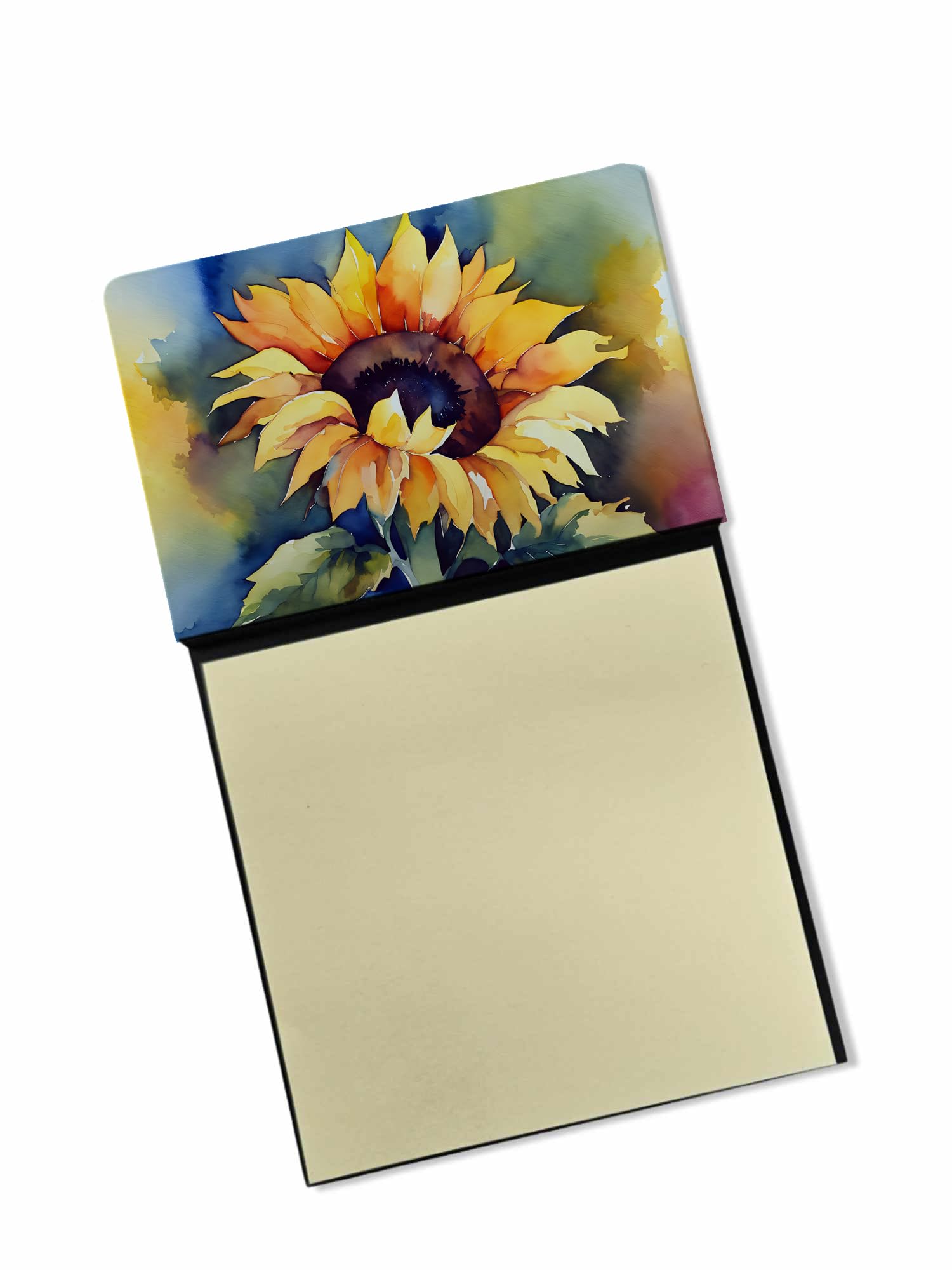 Refillable Sunflower Watercolor Sticky Note Holder with Self-Sticky Memo Pads - Office Desk Organizer for Home & Work Productivity