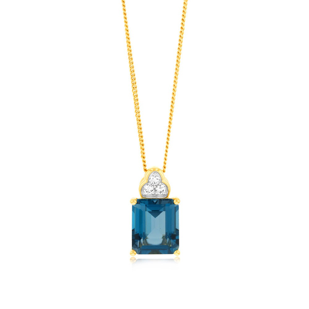 9ct Gold 5.6ct London Blue Topaz Emerald Cut Pendant with 1/10 Carat Diamond - Elegant Jewelry Gift for Women, Perfect for Weddings & Special Occasions