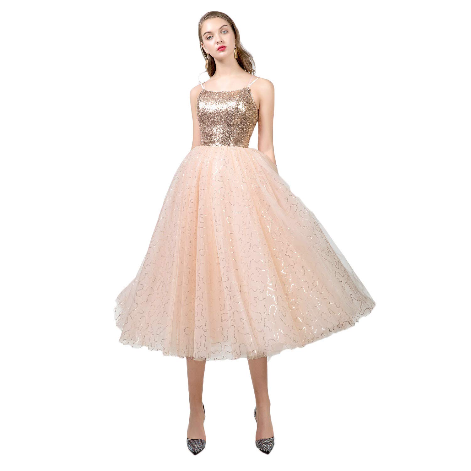 OYISHA Women's Sparkling Sequin Tea Length Prom Dress - Elegant Tulle Quinceañera Ball Gown for Formal Parties, Homecoming, Sweet 16 & Special Occasions