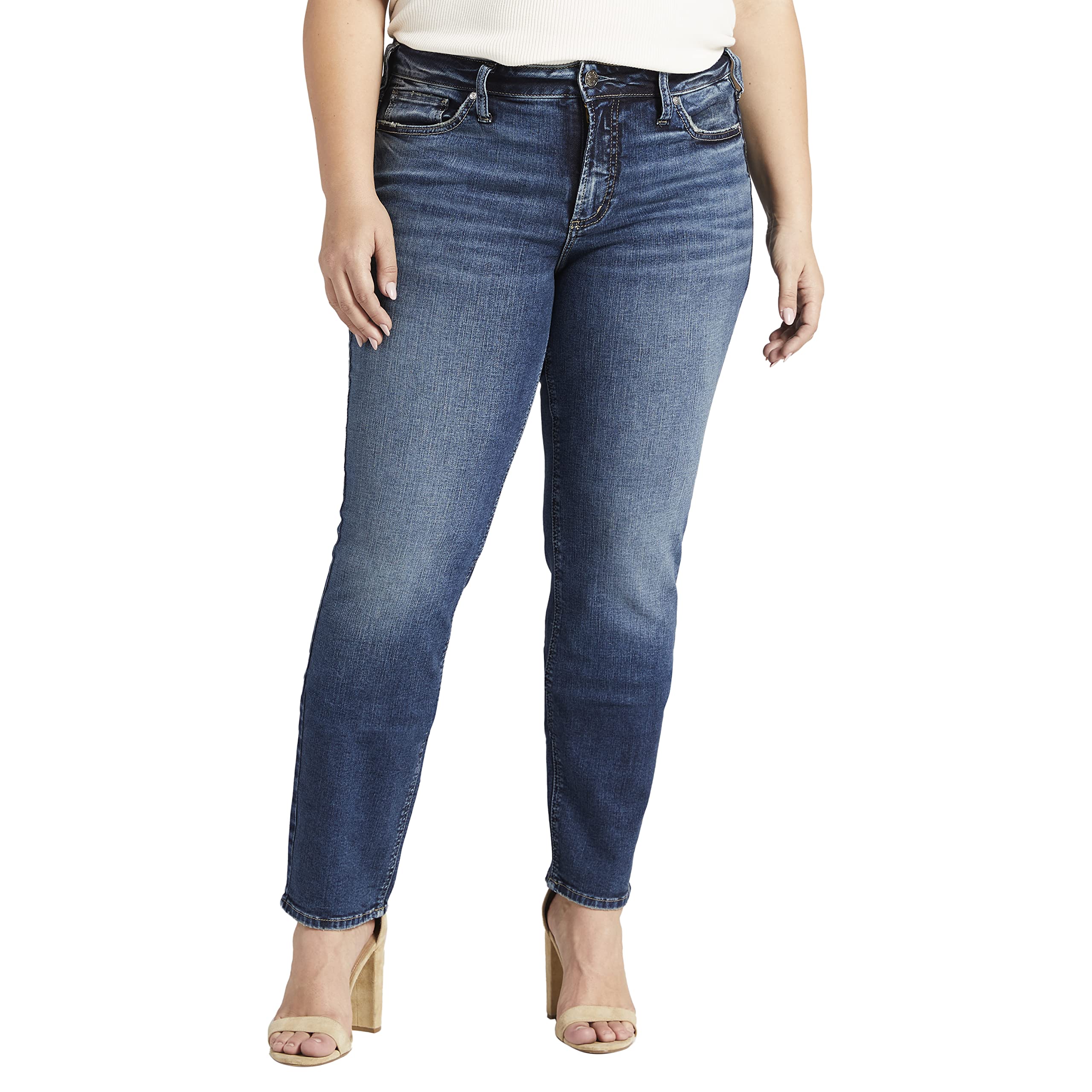 Silver Jeans Co. Women's Plus Size Suki Mid Rise Straight Leg Jeans - Comfortable Stretch Denim Pants for Casual Wear & Everyday Outfits