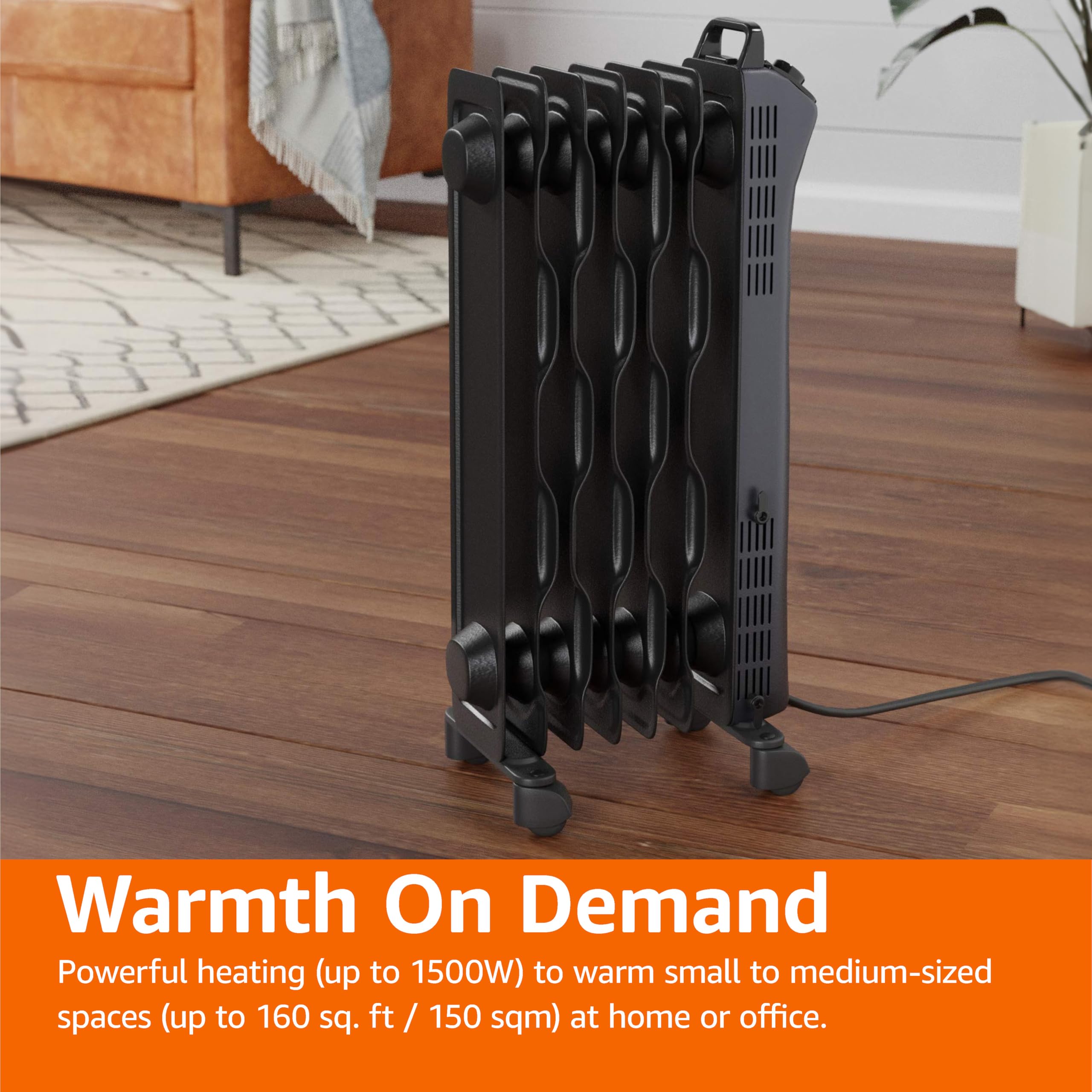 Amazon Basics 1500W Oil Filled Radiator Heater - Portable Space Heater with 7 Oil-Filled Fins, 3 Heat Settings & Thermostat - Tip-Over Protection & ETL Certified - Manual Control Indoor Heater for Bedroom, Office, Living Room - Black