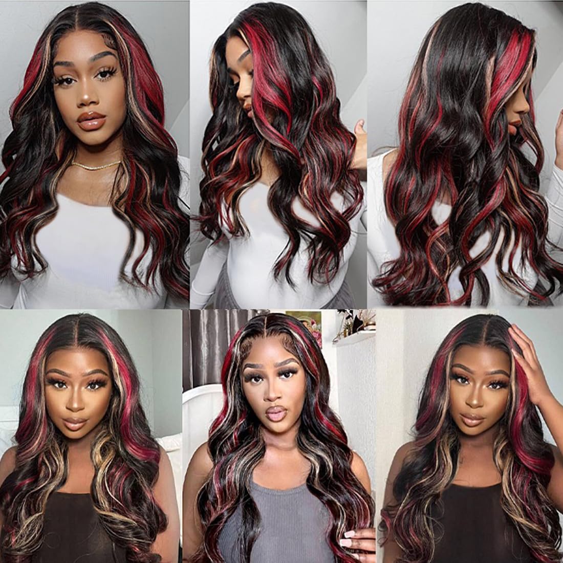 Black Red Blonde Highlight Human Hair Wig - Skunk Stripe Body Wave Lace Front Balayage Wig | Pre-Plucked 180% Density | 13x4 Transparent Lace Frontal | 26 Inch Colored Wig for Cosplay, Halloween & Fashion Styling