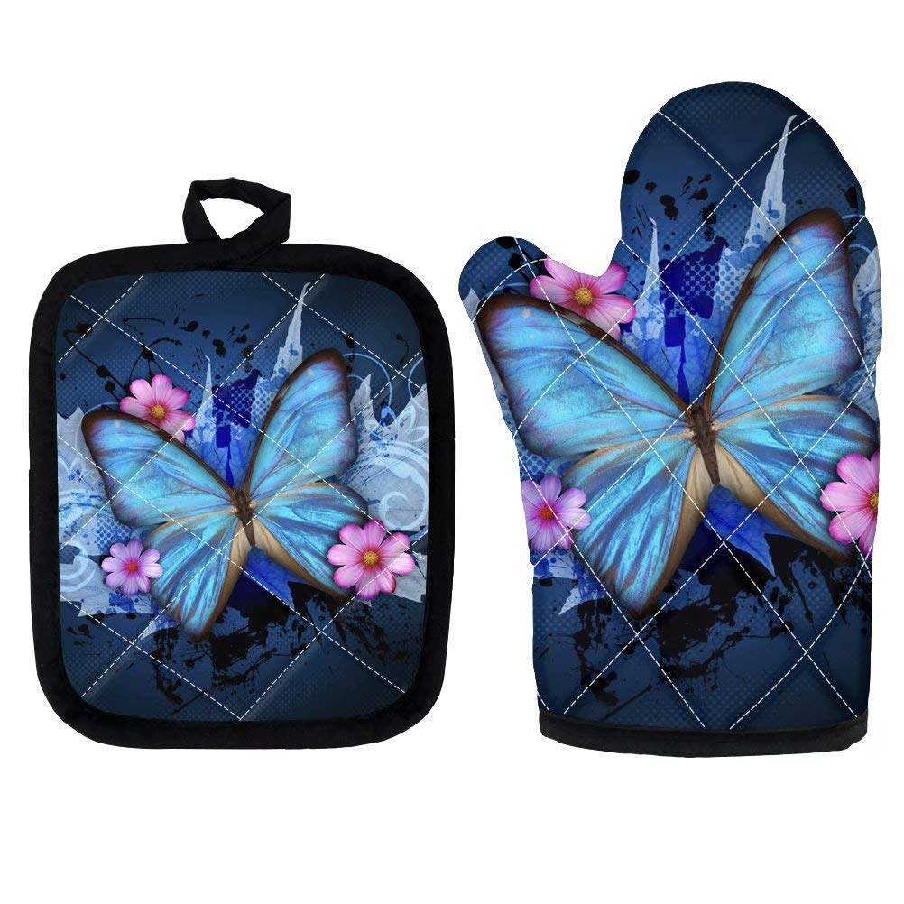 KUIFORTI Blue Butterflies Oven Mitt and Pot Holder Set - Heat Resistant Kitchen Gloves for Baking, Cooking, Grilling & BBQ - Perfect Kitchen Accessories for Women & Girls - Ideal for Home Cooking, Baking Cookies, and Outdoor BBQ Parties