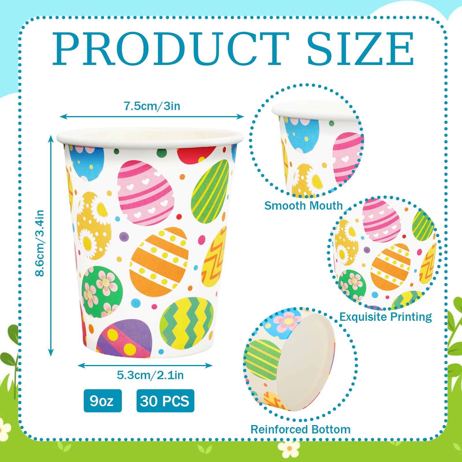 30Pcs Colorful Easter Paper Cups with Egg Design - 9oz Disposable Party Cups for Juice, Coffee, Hot & Cold Drinks - Perfect for Spring Celebrations, Home Parties, and Seasonal Gatherings