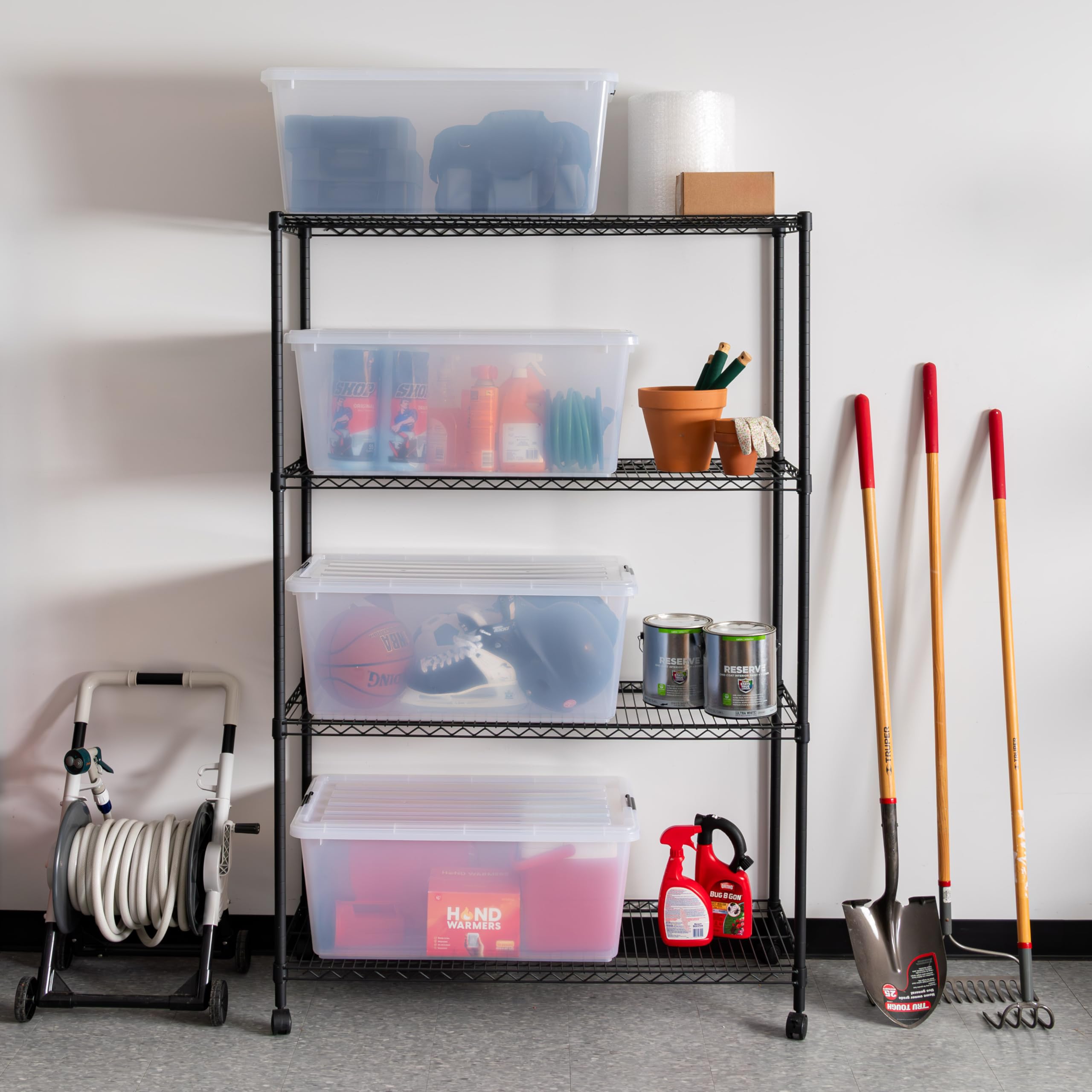 IRIS USA 91 Qt Stackable Plastic Storage Bins with Lids, 4 Pack - BPA-Free Clear Storage Containers for Home Organization, Pantry, Garage & Closet - Durable See-Through Bins with Secure Latches & Pull Handles - Made in USA