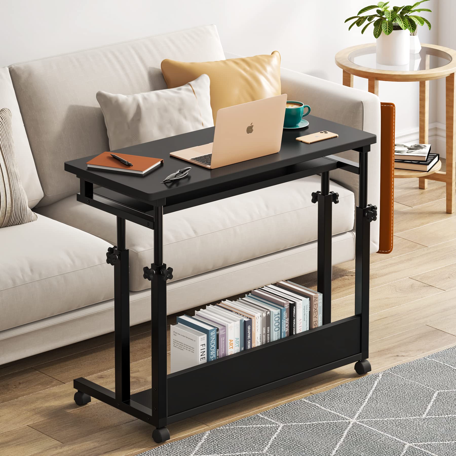 Tribesigns Mobile Portable Desk with Wheels - Adjustable Height Laptop Standing Desk, Rolling Computer Table with Keyboard Tray for Home Office, Sofa & Bed Use - Black (Perfect for Remote Work, Gaming & Small Spaces)