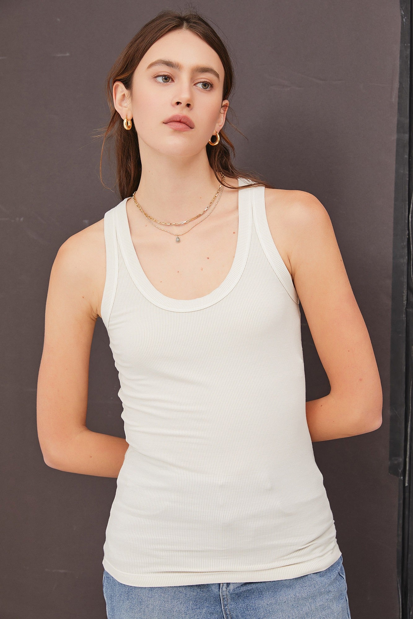 Beige Ribbed Sleeveless T-Shirt for Women - Soft Stretch Knit Casual Tank Top - Perfect for Summer, Layering & Everyday Wear
