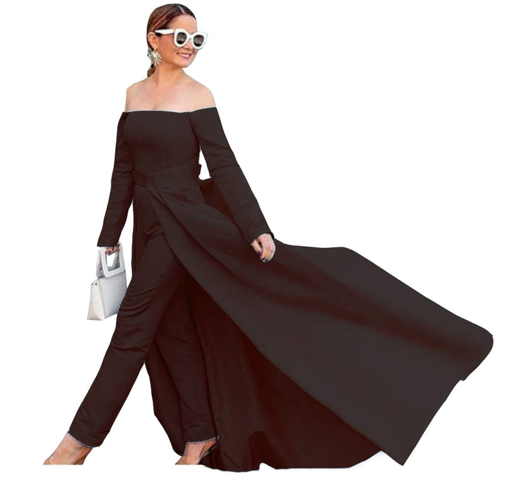 Emanni Women's Off The Shoulder Prom Dress Jumpsuit with Detachable Skirt - Elegant Black Wedding Guest Outfit for Evening Parties, Dances & Special Occasions