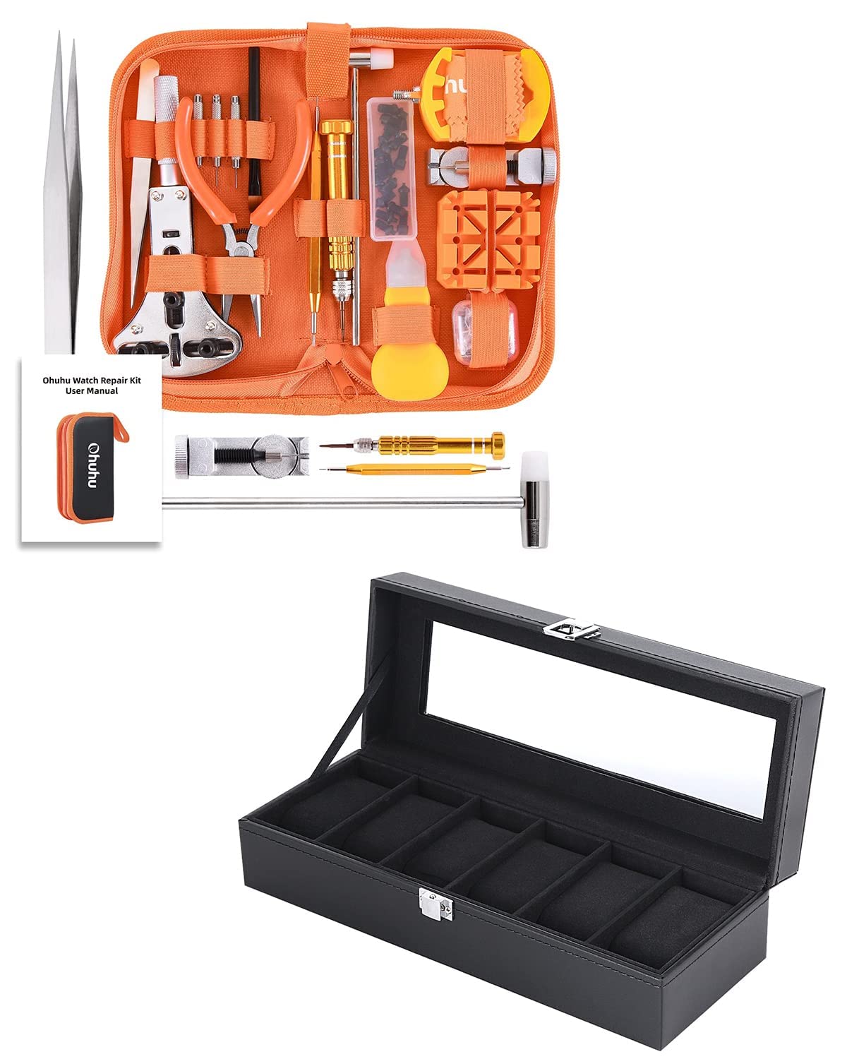 Ohuhu 213-Piece Watch Repair Kit with Battery Replacement Tools & PU Leather 6-Slot Watch Case Holder – Professional Watchmaker Tool Set for Watch Battery Change, Band Adjustment, and Maintenance – Perfect for Watch Enthusiasts, Jewelers & DIY Repair at Home or Workshop