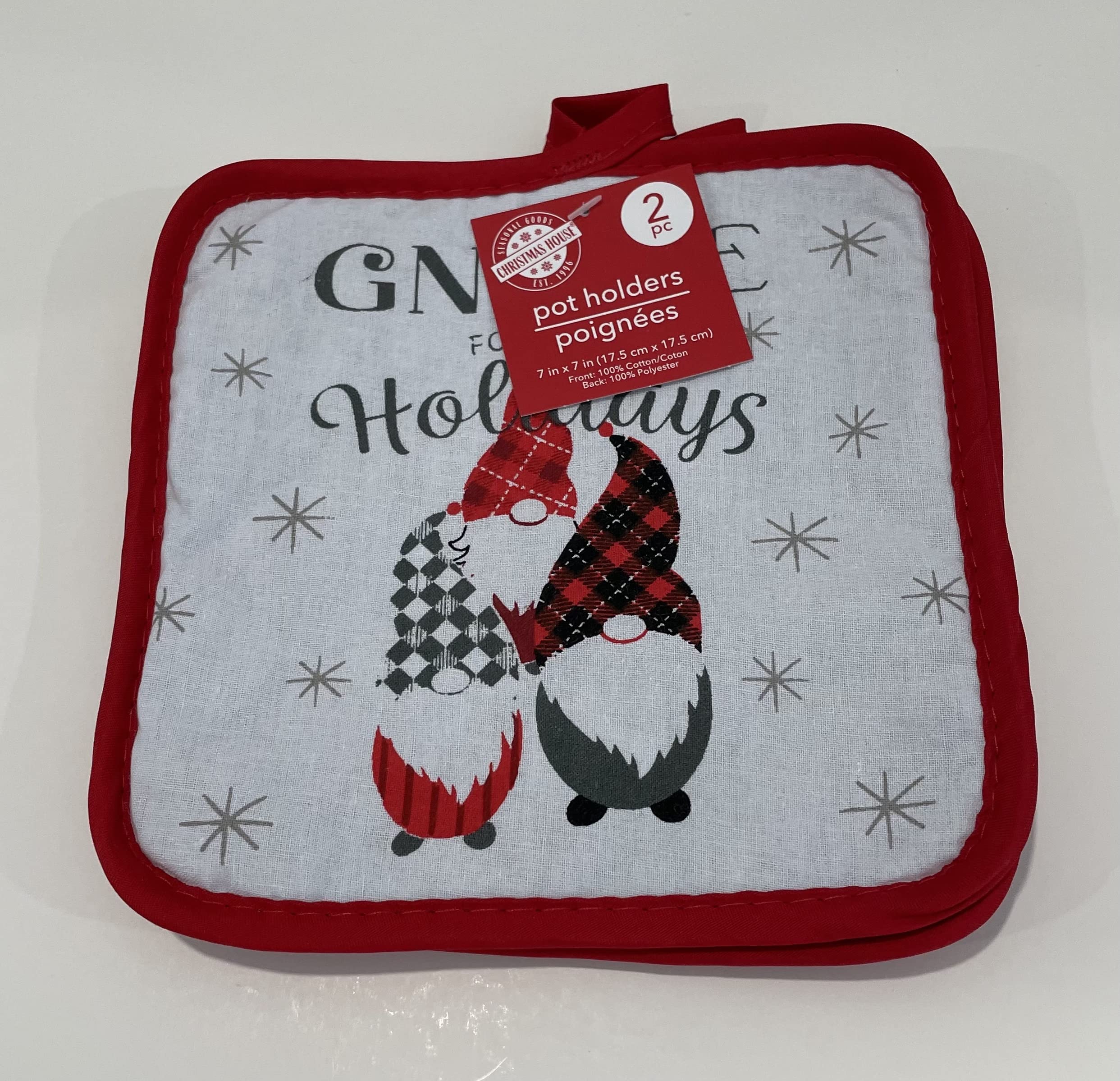 Gnome for The Holidays 2-Piece Pot Holder and 1 Oven Mitt Set - Festive Printed Kitchen Linens for Christmas Baking & Cooking