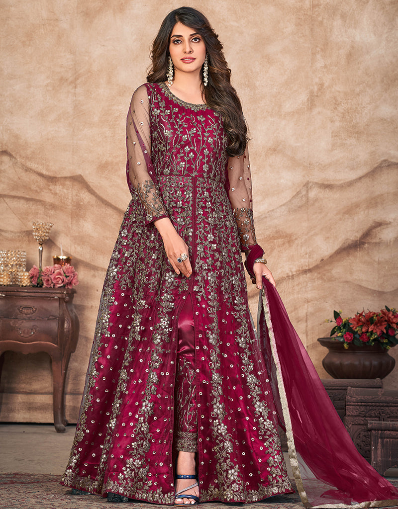 Bright Maroon Net Pant Anarkali - Elegant Indian Party Wear for Women, Perfect for Weddings, Festivals & Special Occasions