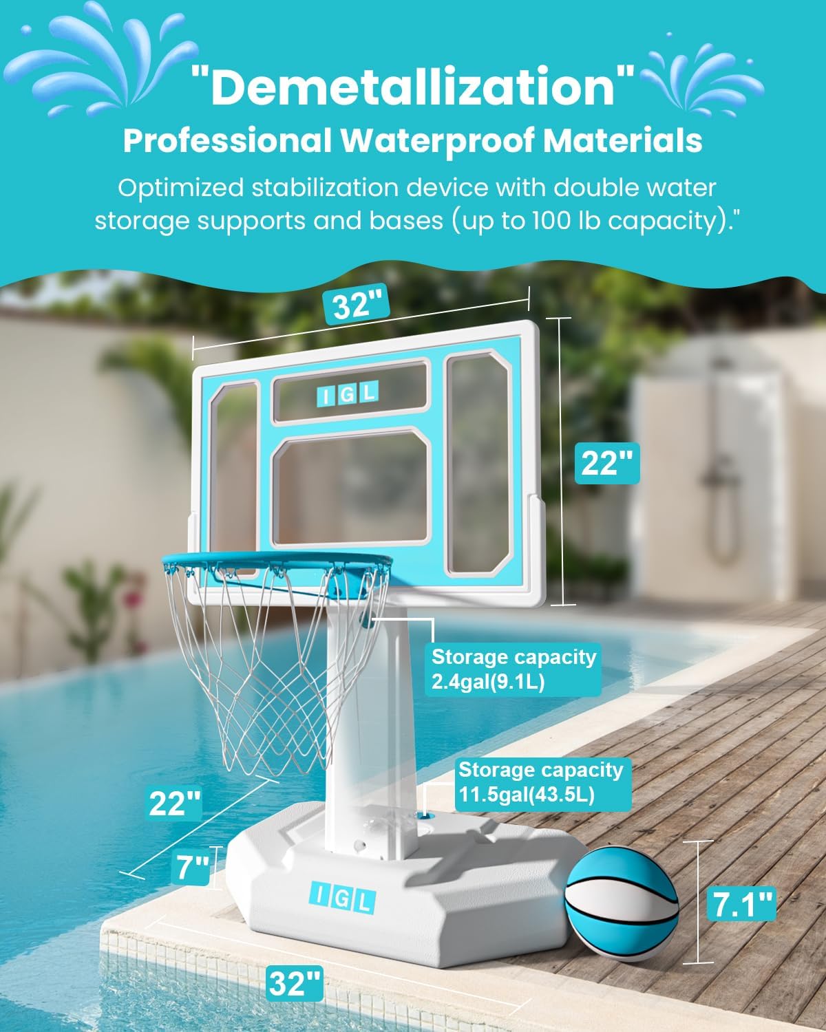 IGL Outdoor Pool Basketball Hoop - Stainless Steel Rim with Double Water Storage Base, Includes 2 Balls & Pump - Perfect for Backyard Pool Games, Summer Parties, and Family Fun Activities