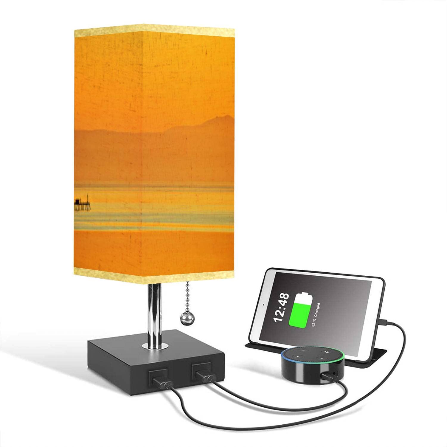 Modern Dimmable Square Nightstand Lamp with 2 USB Ports & San Francisco Bay Fabric Shade - Bedside Table Lamp for Bedroom, Living Room, Office | Perfect for Reading, Working & Ambient Lighting