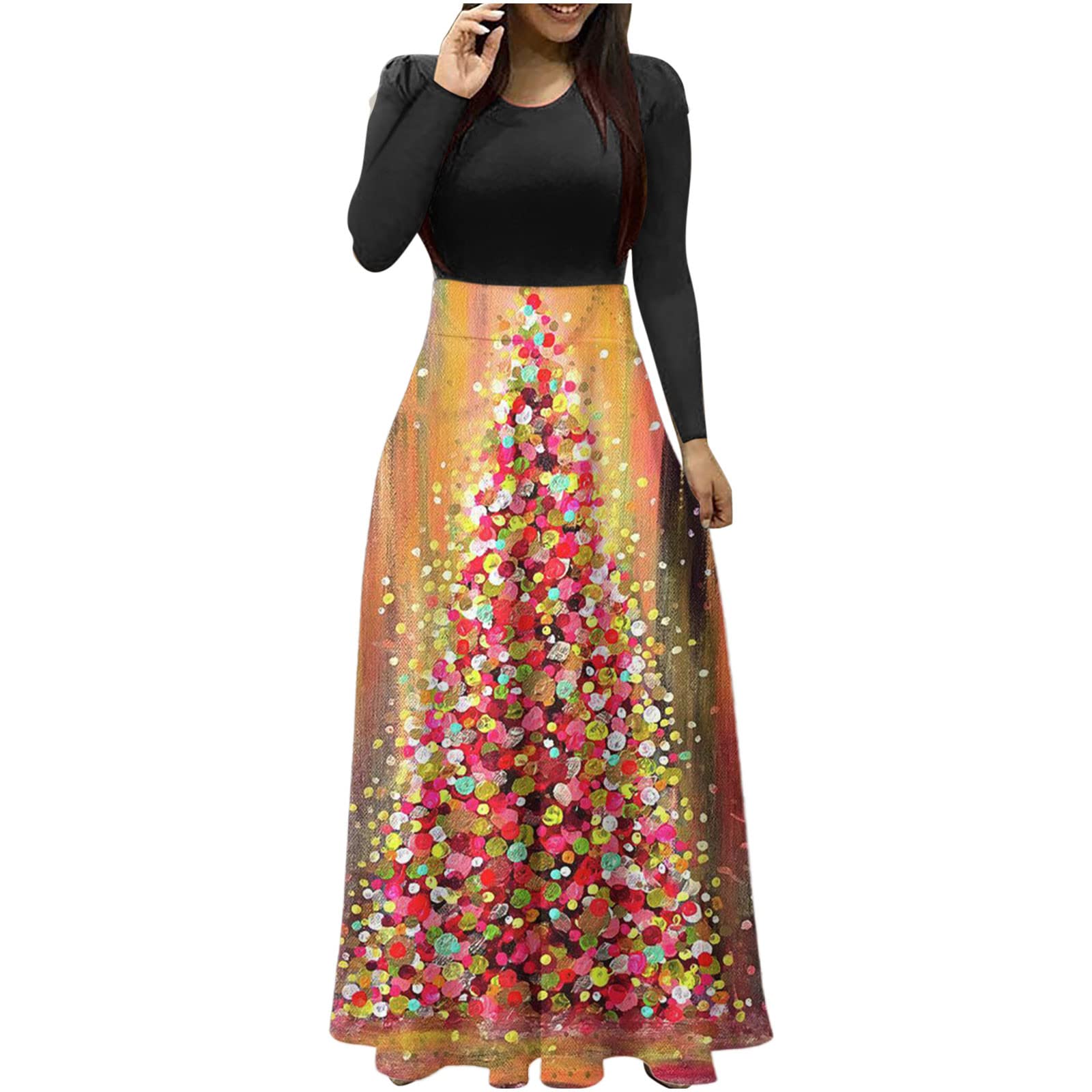 Women's Christmas Dress - Round Neck Long Sleeve Black Sun Dress for Holiday Party, Family Gathering & Casual Wear