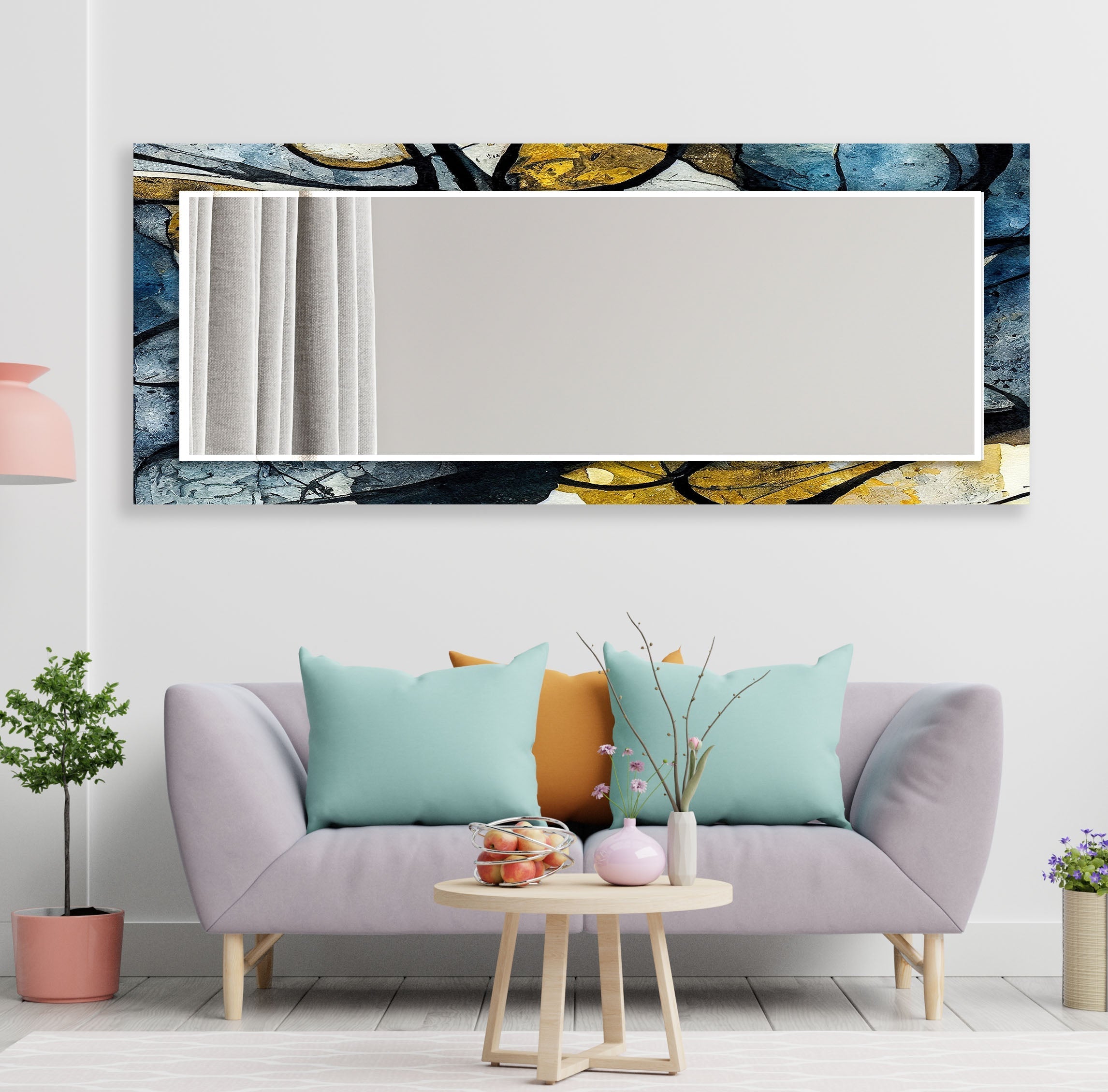 Abstract Wall Mirror in Blue and Yellow Ink - Modern Home Decor for Living Room, Bedroom, or Office
