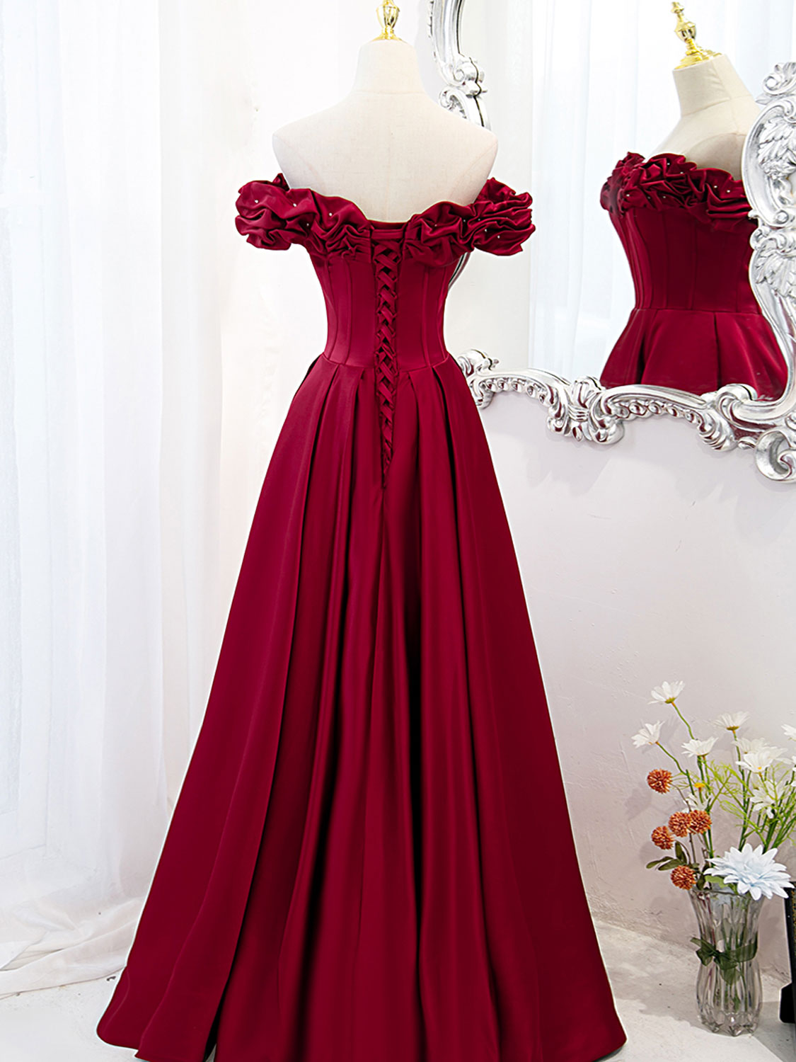 Elegant Off-Shoulder A-Line Burgundy Satin Prom Dress - Long Formal Evening Gown for Homecoming, Wedding, and Special Occasions
