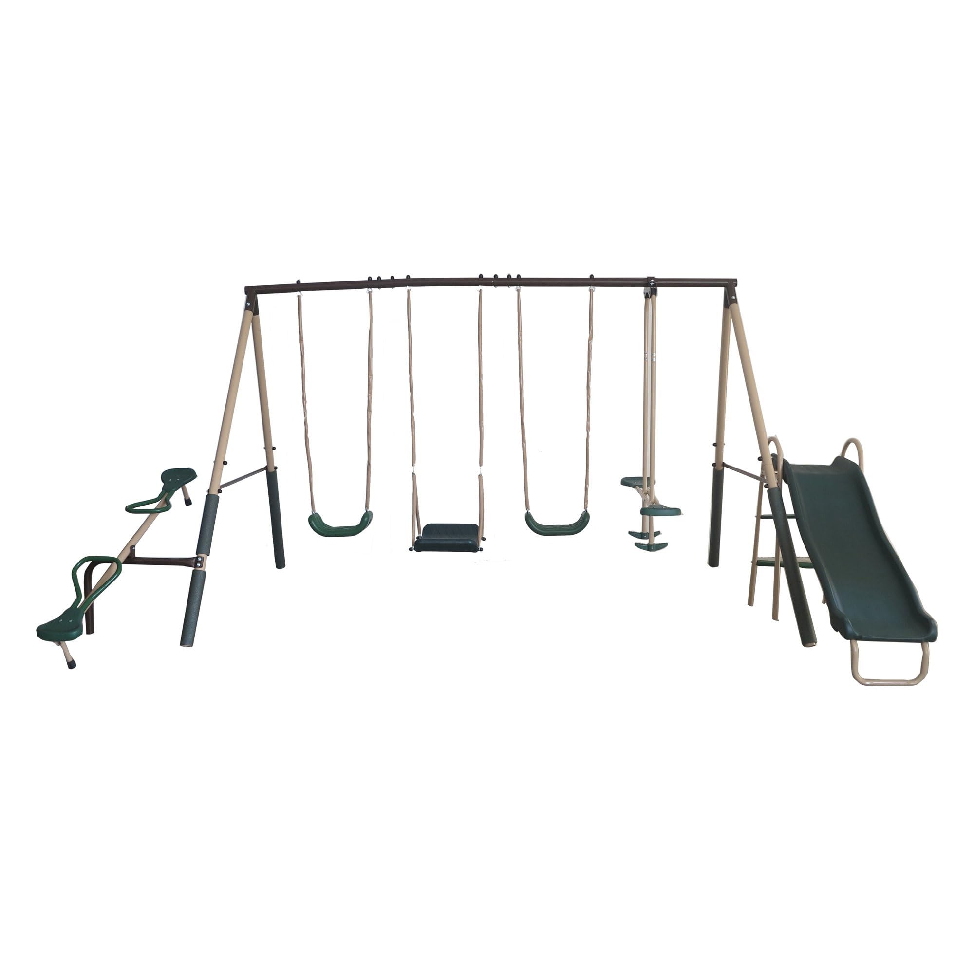 XDP Recreation Crestview Outdoor Metal Swing Set for Kids - Backyard Playset with 2 Swings, Slide, Stand N Swing, Fun Glider & See Saw - Green/Tan - Perfect for Outdoor Play, Birthday Gifts & Backyard Fun