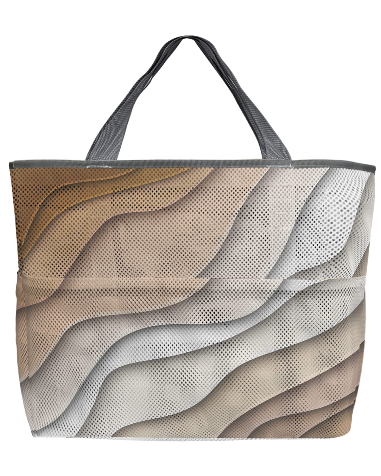Modern Geometric Mesh Beach Tote Bag - 60L Oversized Quick-Dry Swim Bag with Pockets | Foldable Lightweight Brown Abstract Design for Pool, Beach & Grocery Shopping (24