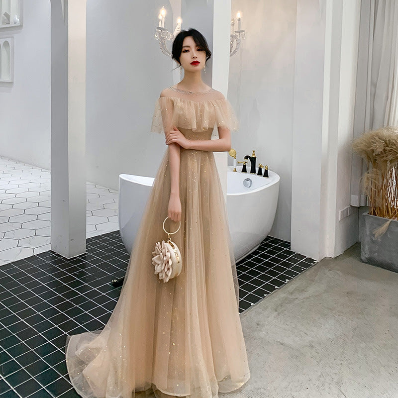 Elegant Off Shoulder A-Line Tulle Prom Dress in Shiny Khaki - Formal Evening Gown for Homecoming, Quinceañera & Special Occasions