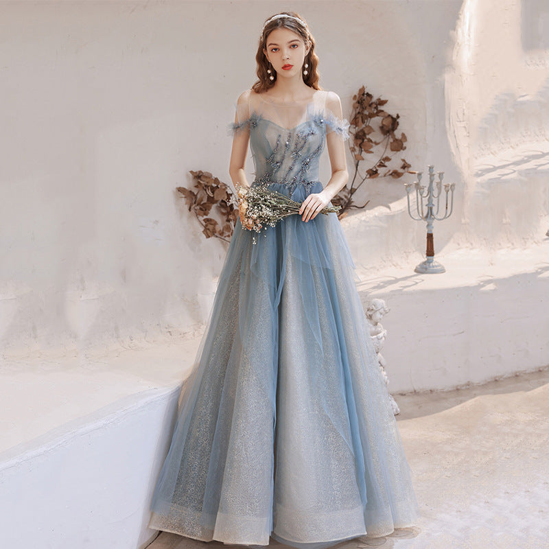 Light Blue Off Shoulder Tulle Prom Dress - A-Line Formal Party Gown for Homecoming, Wedding & Evening Events