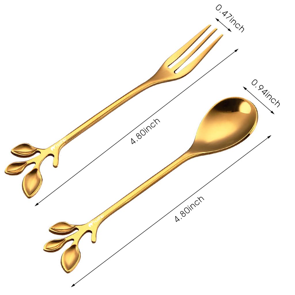 HASTHIP® 4-Piece Stainless Steel Gold Leaf Spoon and Fork Set - 4.7 Inch Coffee Spoon, Dessert Fork, Cutlery for Kitchen & Tableware - Perfect for Coffee, Desserts, Appetizers & Fine Dining (2 Spoons + 2 Forks, Gold)