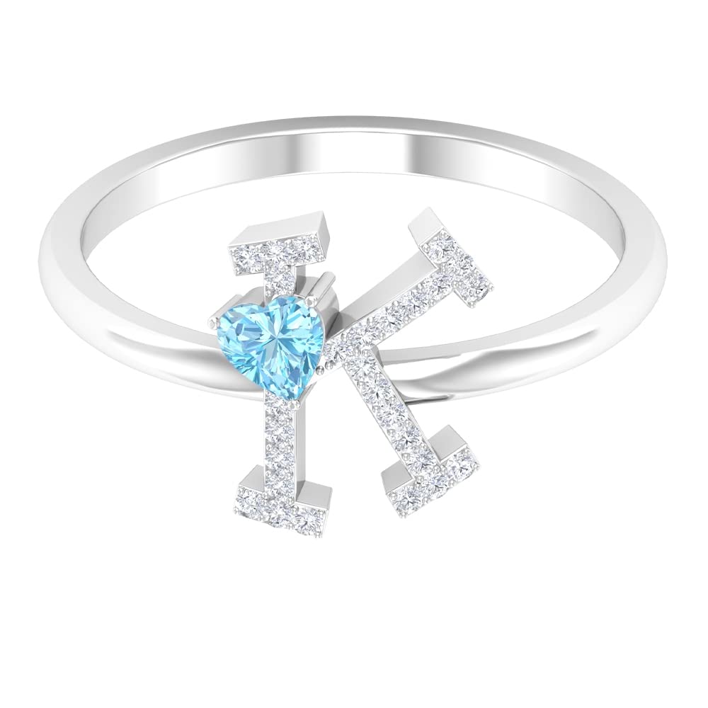 Aquamarine and Diamond Initial Rings for Women - A to Z Alphabet Rings in 14K White Gold - Elegant Heart & Letter Jewelry for Birthdays, Anniversaries, and Special Occasions