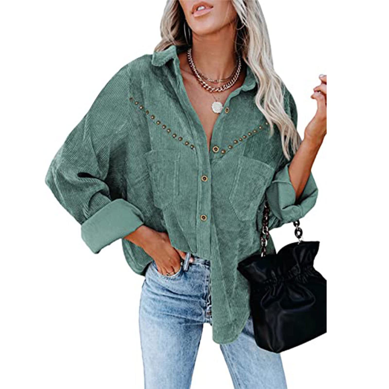 Women's Casual Long Sleeve Corduroy Button Up Shirt with Lapel & Pocket - Stylish Fall & Spring Layering Top for Work, Dating & Outdoor Activities