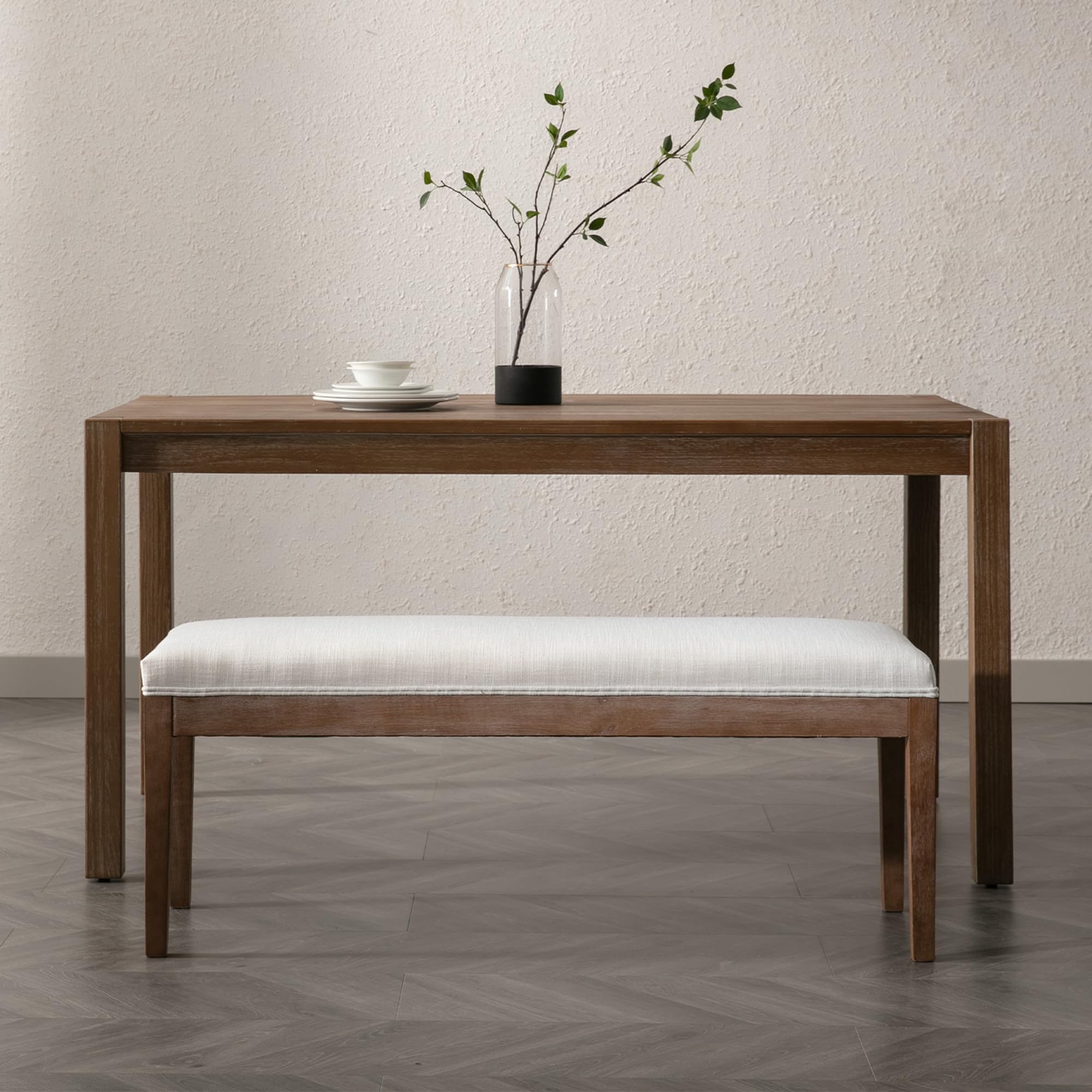 Farmhouse Entryway Bench with Wood Legs - Upholstered Shoe Storage Bench for Hallway, Porch, Bedroom, Dining Room - Linen Fabric, Beige - Perfect for Small Spaces, Mudroom Organization & Cozy Home Decor