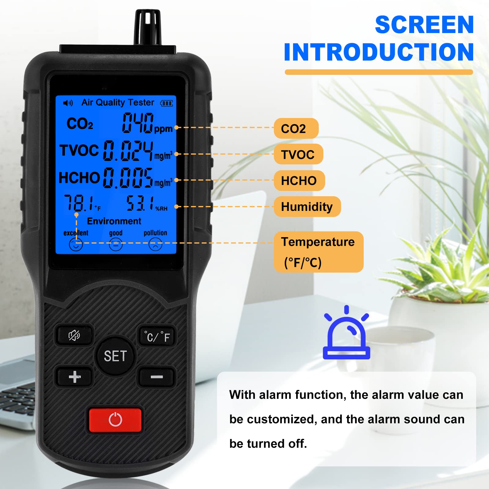 5-in-1 Portable Air Quality Monitor - HCHO Detector for Indoor Pollution Testing in Home, Office & Car | Real-Time PM2.5/TVOC/CO2 Detection with Rechargeable Battery & Holder | Perfect for Allergy Sufferers, Baby Rooms & Workplaces