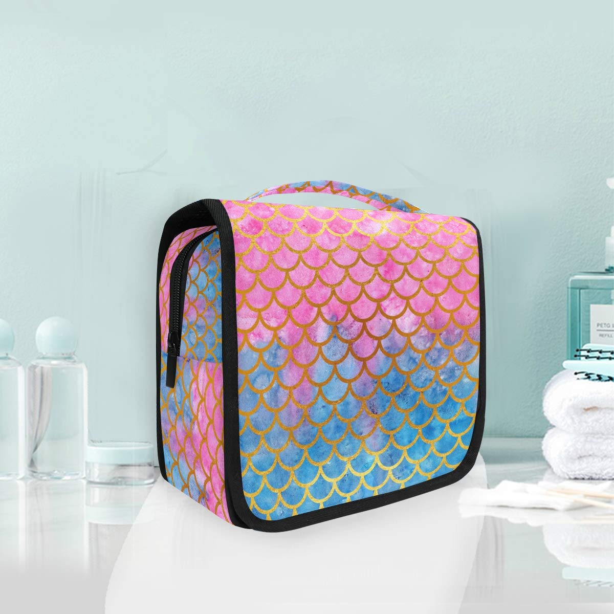 AGONA Hanging Toiletry Bag - Watercolor Mermaid Scales Design, Gold & Pink Travel Cosmetic Organizer for Women & Men | Portable Makeup Pouch with Sturdy Hook | Perfect for Bathroom, Gym, Camping & Vacation Trips