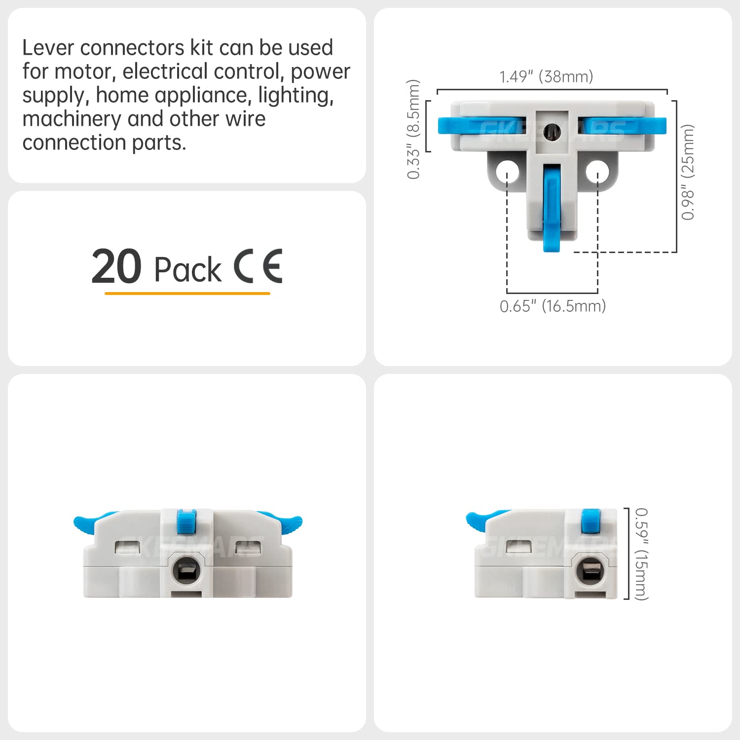 GKEEMARS 20Pcs 3 Way T Tap Wire Connectors - Quick Splice Push-in Electrical Connectors for AWG 24-12 Gauge Wires (Blue) - Ideal for Automotive, Home Wiring & DIY Electrical Projects