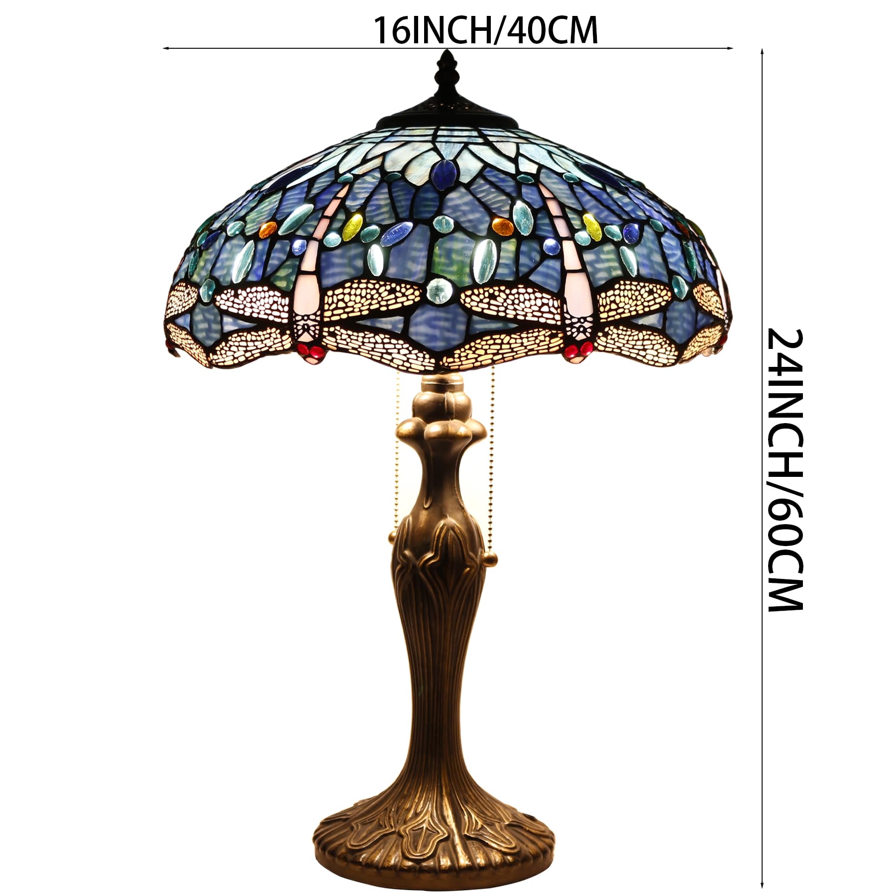 WERFACTORY Tiffany Style Dragonfly Stained Glass Table Lamp - 16x16x24 Inch Blue Bedside Reading Light with Metal Base for Bedroom, Living Room & Home Office (S631 Series) | Perfect for Cozy Ambiance, Study & Relaxation