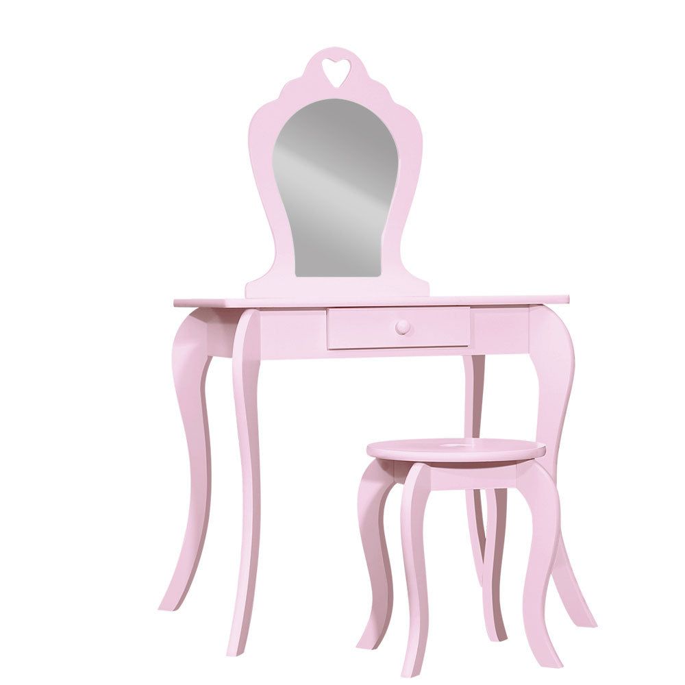 Keezi Kids Dressing Table and Stool Set with Vanity Mirror - Pink Princess Makeup Play Set for Girls - Perfect for Pretend Play, Birthday Gifts & Bedroom Decor