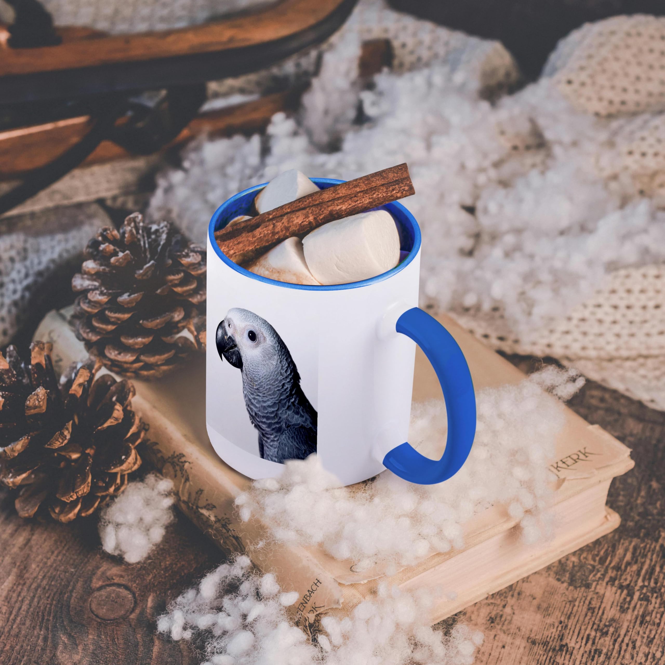 3D Rose African Grey Parrot Ceramic Coffee Mug - 11 oz Blue & White Parrot Design - Perfect for Bird Lovers, Tea & Coffee Drinkers at Home or Office