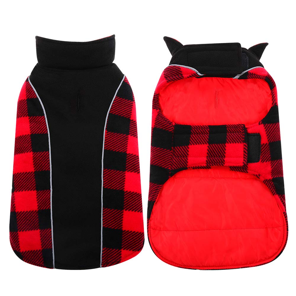 Kuoser Reversible Dog Coat - Warm Waterproof Winter Jacket for Small Medium Large Dogs | British Style Plaid Design | Windproof Outdoor Snow Vest for Puppies | Perfect for Cold Weather Walks, Hiking & Outdoor Adventures (Red)