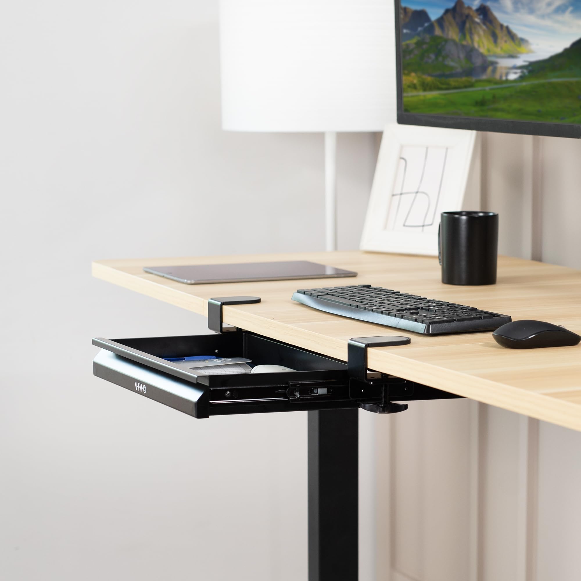 VIVO 16 Inch Under Desk Drawer Organizer - Black Clamp-On Sliding Storage Tray for Office & Standing Desks | Perfect for Storing Pens, Notebooks & Office Supplies Under Sit Stand Workstations