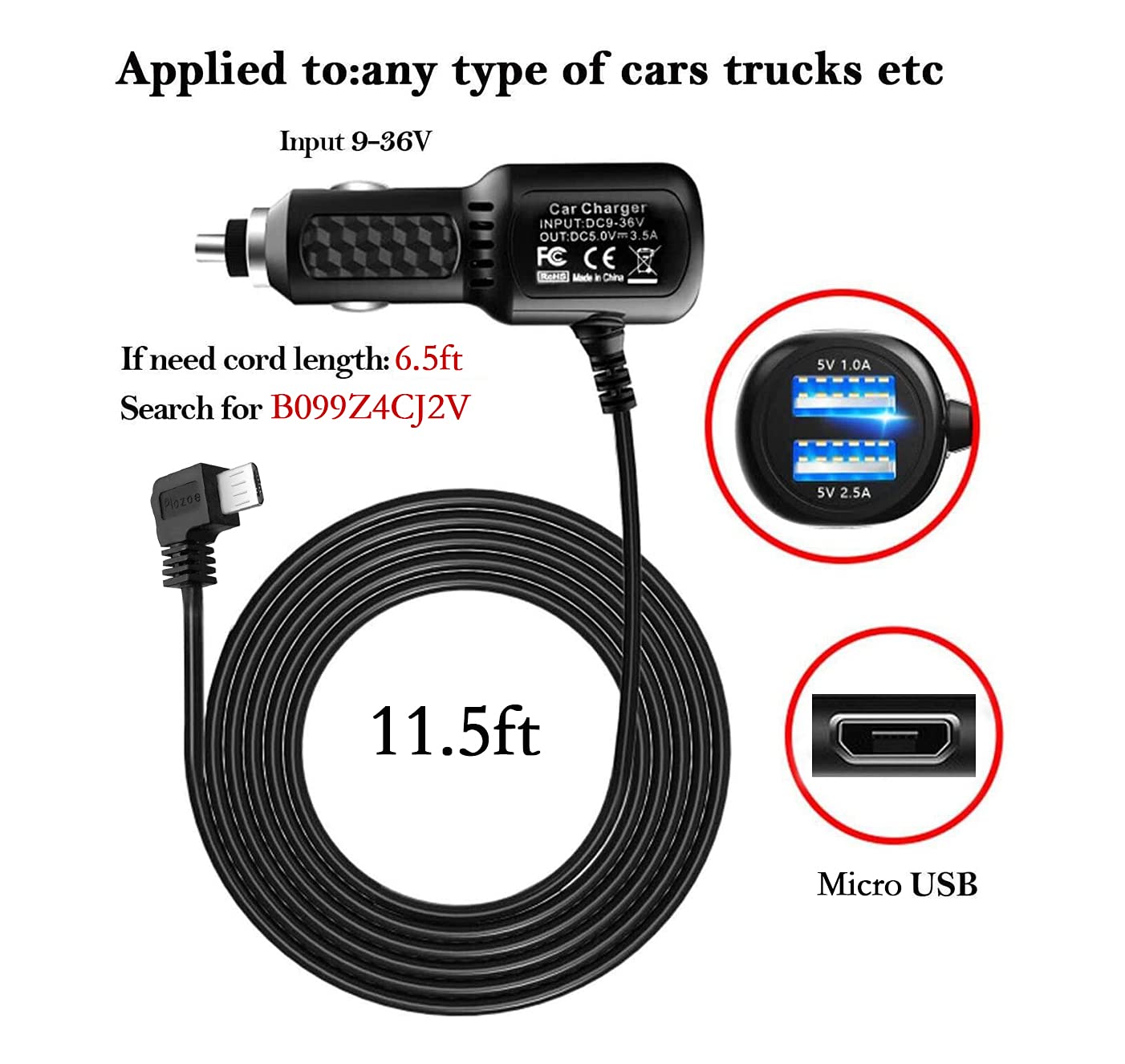 2025 Upgraded Micro USB Car Charger with Dual USB Ports - Compatible with Rexing, Byakov, AKASO, Crosstour, Trekpow, Pruveeo, OldShark, Garmin & Most Dash Cams (11.5ft) - Perfect for Road Trips, Commuting & Vehicle Surveillance