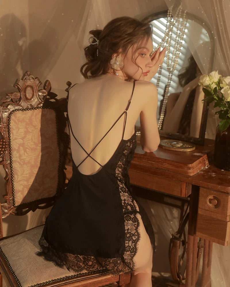 Cross Back V-Neck Short Silk Nightgown - Sexy Satin Sleepwear for Women, Comfortable Lingerie for Date Night & Honeymoon - Perfect for Romantic Evenings & Luxury Bedtime