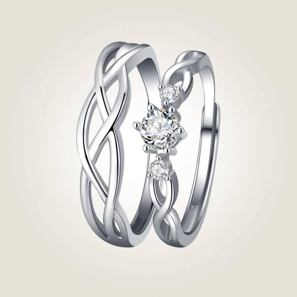 Sterling Silver Adjustable Open Finger Ring for Couples - Simple & Elegant Matching Pair for Men & Women with Imitation Diamond - Perfect Romantic Gift for Anniversaries, Valentine's Day & Weddings