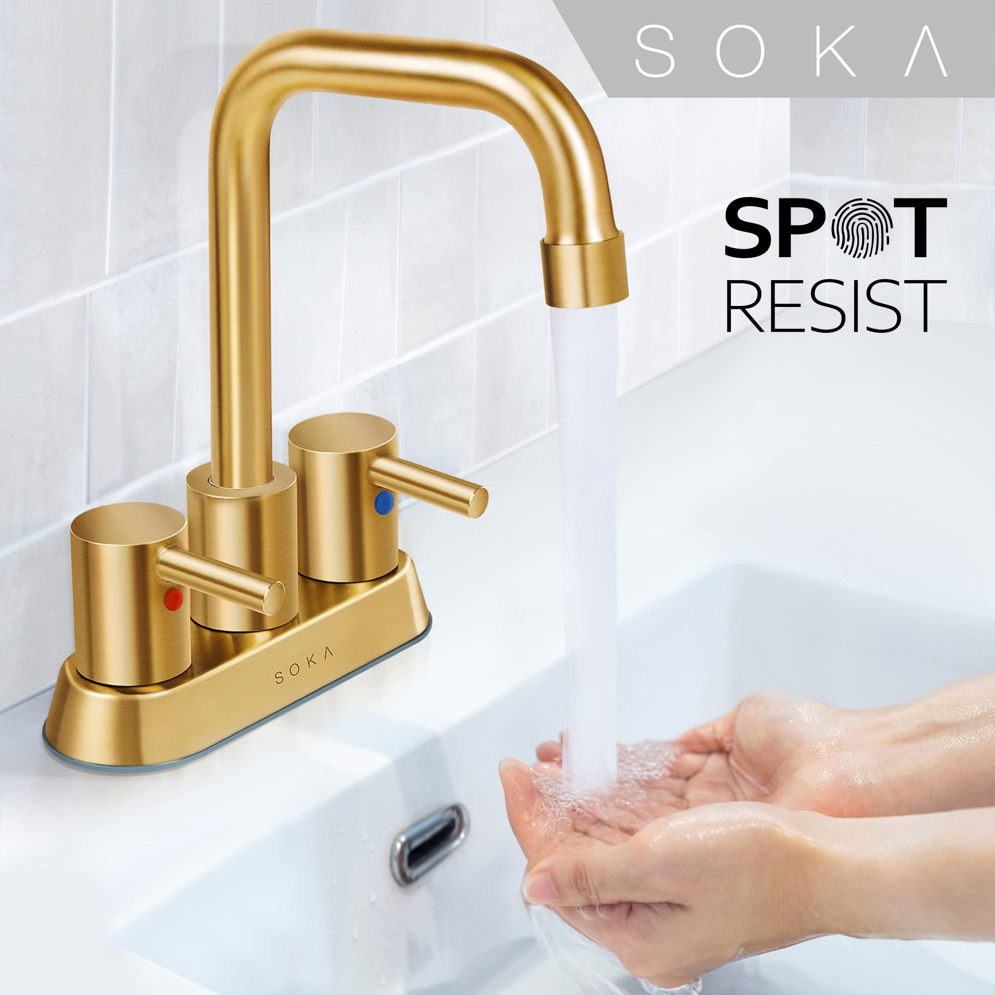SOKA 4 Inch Centerset Bathroom Faucet - 2 Handle Commercial Hand Sink Touch Faucet with Gooseneck Spout in Gold Finish - Perfect for Restaurant, Salon, and Public Restroom Sinks