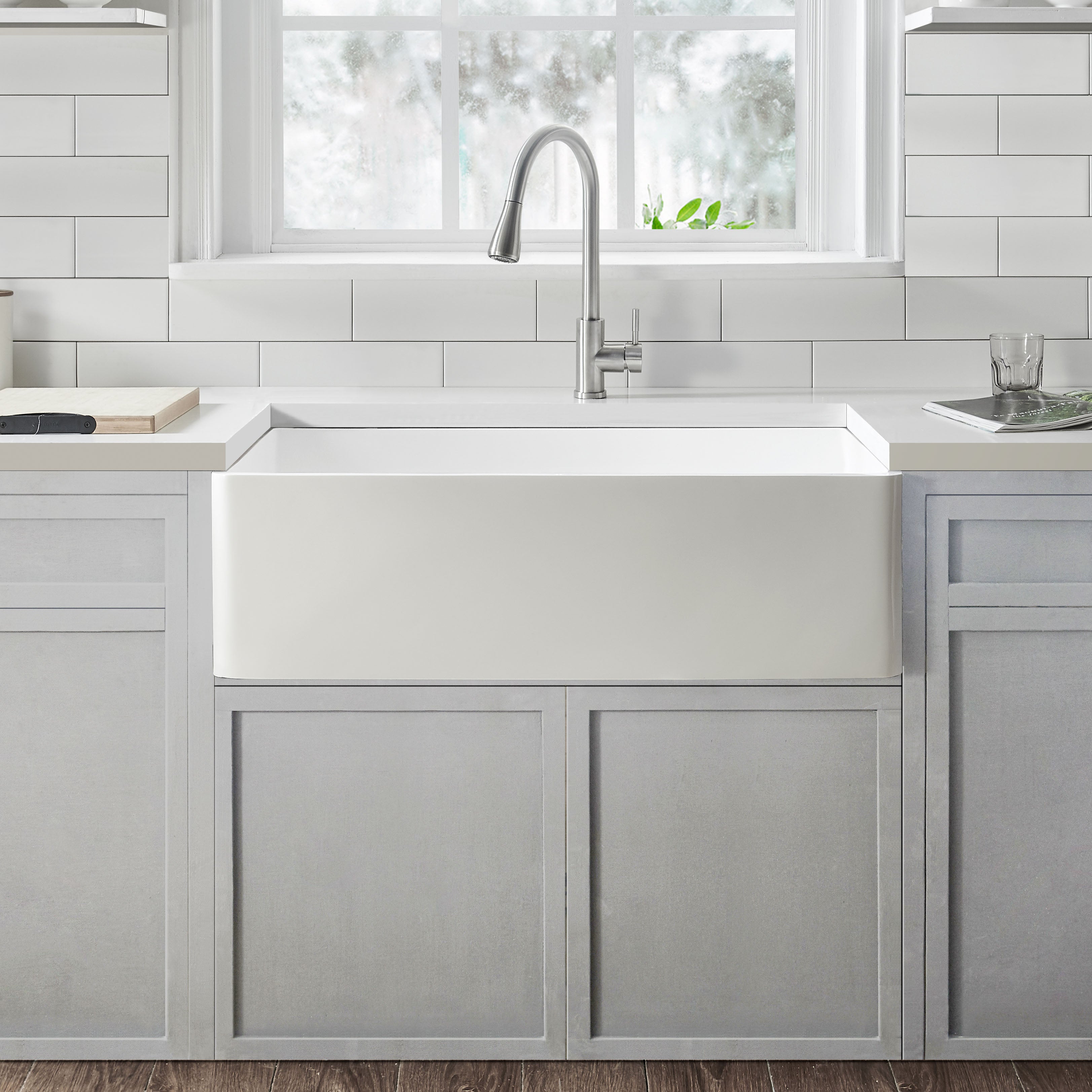 Holbrook Pure Stone Farmhouse 30-inch White Single Bowl Kitchen Sink with Grid & Strainer - Perfect for Modern Farmhouse, Rustic & Contemporary Kitchen Designs