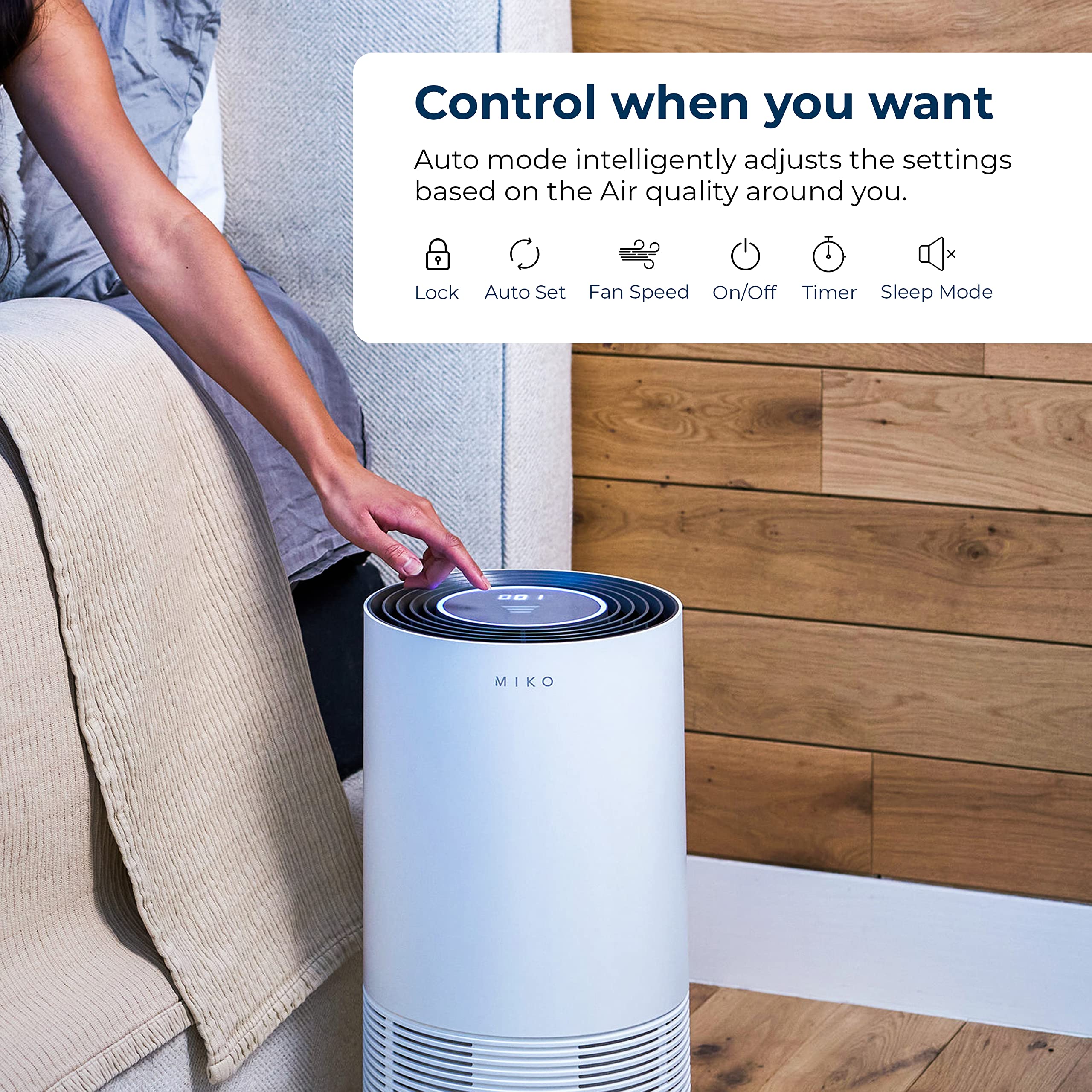 MIKO Medical Grade H13 True HEPA Air Purifier for Home - 970 Sqft Coverage, Removes 99.97% of Dust, Smoke, Pollen & Viruses (0.3-2.5 Microns) - Ideal for Allergies, Asthma & Pet Owners - Ultra Quiet 25dB Sleep Mode with PM2.5 Air Quality Monitor - Perfect for Bedrooms, Living Rooms & Offices