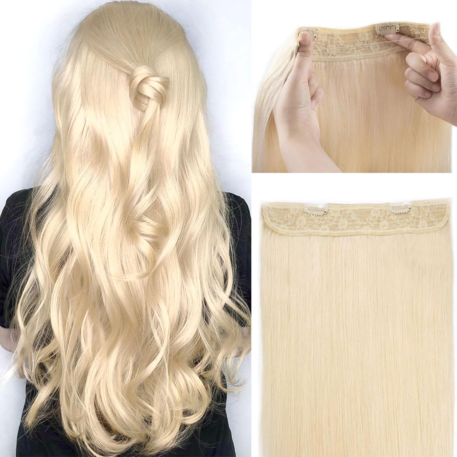 Tinashe 16Inch Bleach Blonde Straight Human Hair Extensions - 90g Invisible Wire Fish Line Clip-Ins | 100% Remy Human Hair for Women | Perfect for Parties, Weddings & Daily Styling