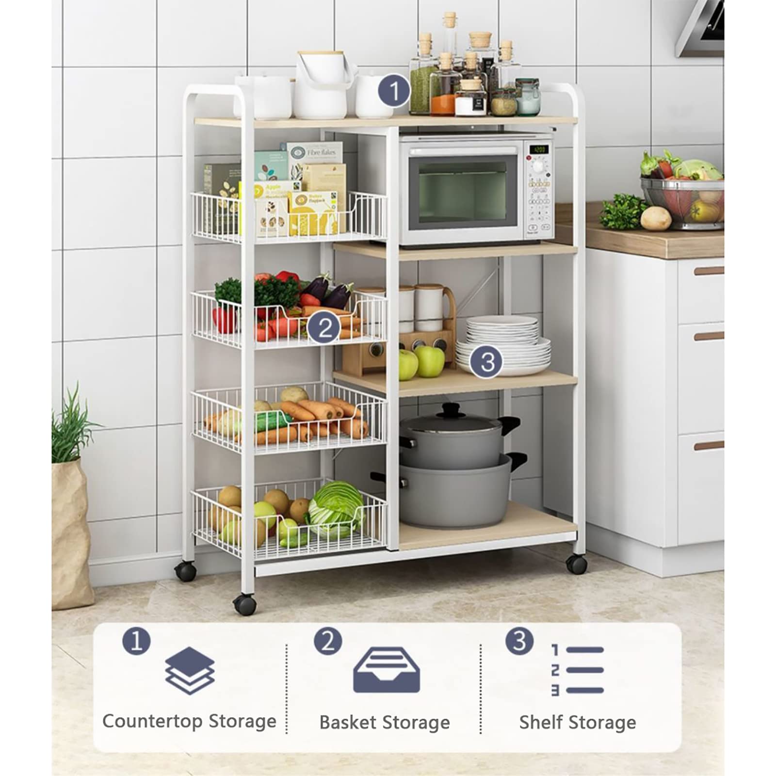 5-Tier Heavy Duty Rolling Kitchen Cart - Large Industrial Baker's Rack with Wheels, Microwave Stand & Storage Shelf for Cooking Utensils - Perfect for Small Kitchen Organization, Baking Supplies Storage & Microwave Placement