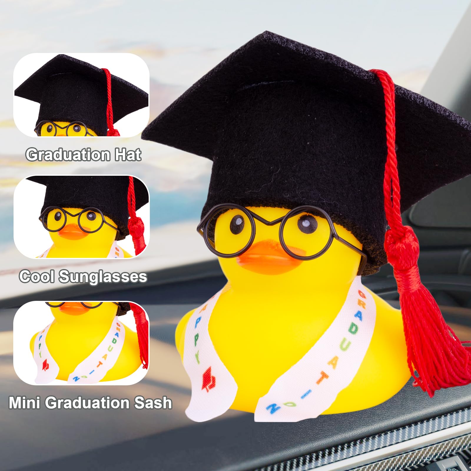 Graduation Rubber Duck Car Decorations 2 Pack - Mini Graduation Hats, Sashes & Glasses - Fun Dashboard Ornaments for Graduation Party, Gift, Celebration & Car Accessories - Perfect for Graduates, Students & Teachers