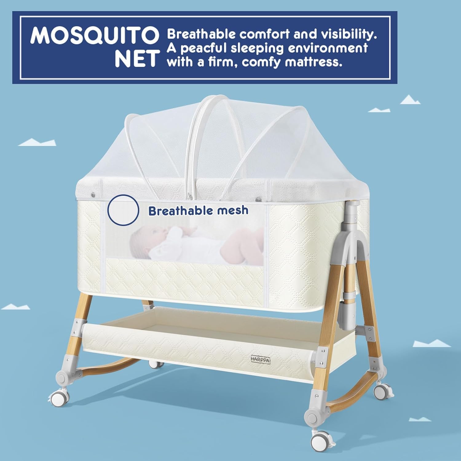 3-in-1 Adjustable Baby Bassinet with Mosquito Net & Storage - Portable Bedside Crib for Newborns, 5 Position Height Adjustment & Anchor Strap (White) - Perfect for Nursery, Bedroom & Travel Use